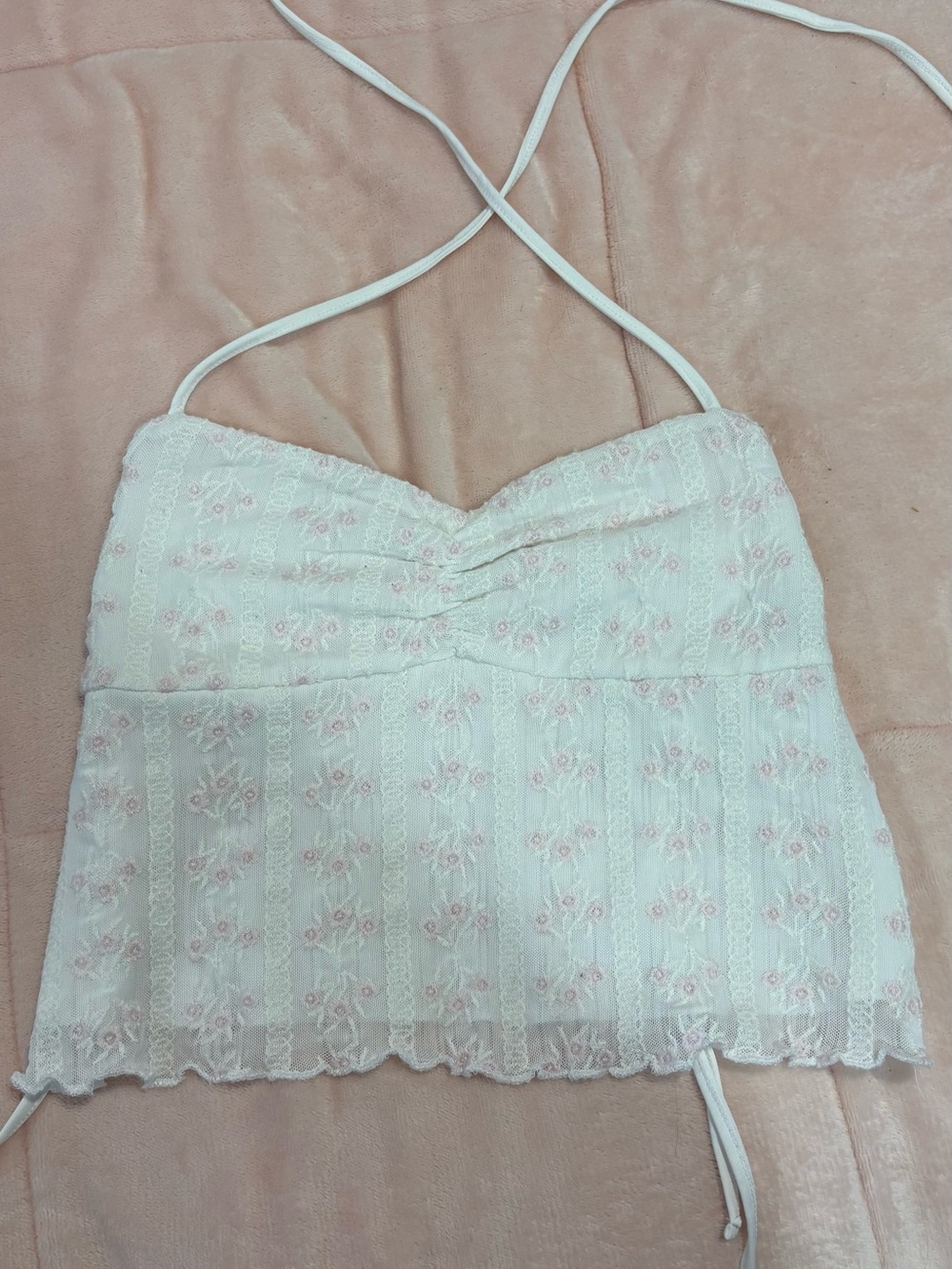 White Floral Lace Cami Top with Pink Embroidery